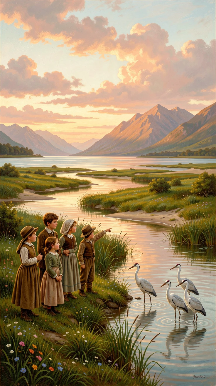 A group of children watches the current of a river delta spreading toward the sea while herons wade in the shallows.
