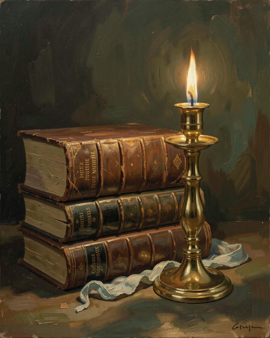 A stack of antique books beside a glowing brass candlestick, with a timeless, refined composition throughout, celebrating the beauty found in fine craftsmanship and detail