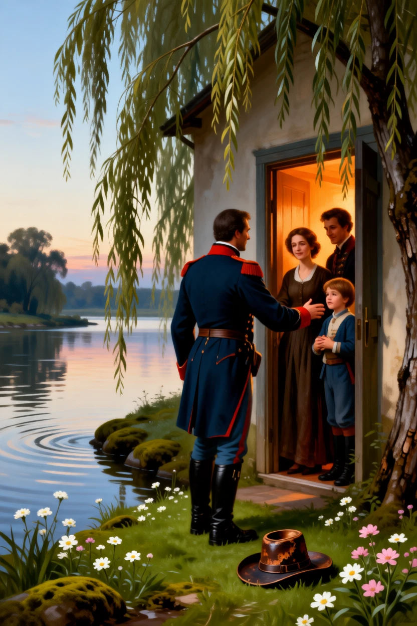 A soldier returning home to find his family waiting at the door as the weight of years finally lifts, set beside a quiet riverbank framed by willow trees, with scattered flowers and a fallen hat marking the moment; the composition uses negative space to emphasize the distance just closed, filled with gratitude, humility, and human warmth.