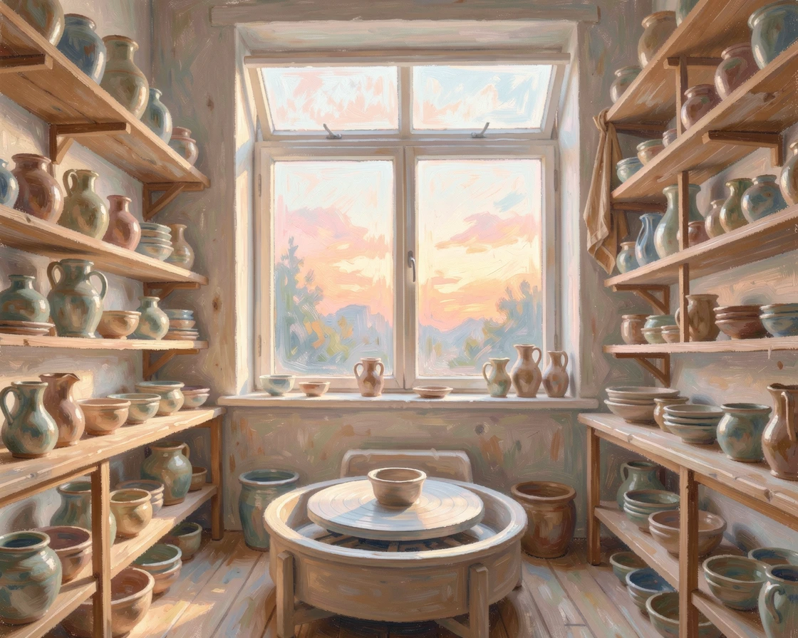 A quiet pottery studio with shelves of glazed ceramics and a wheel spinning beneath a skylight, as the first light of dawn breaks.