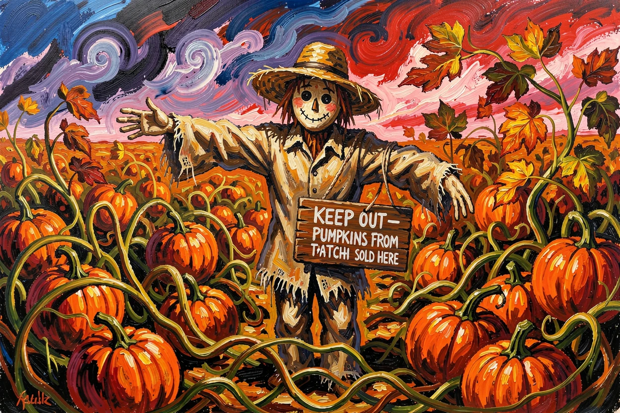 A pumpkin patch at the height of autumn, vines sprawling beneath a scarecrow.