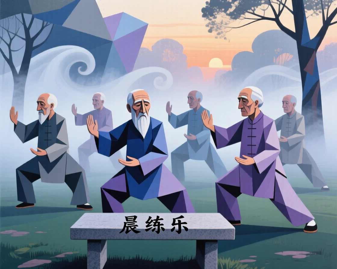 A group of elders practicing tai chi together in a misty park at dawn.