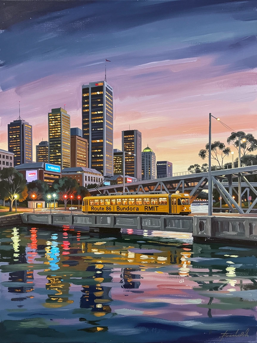 The Melbourne skyline glows above the Yarra River at dusk, colorful lights reflecting on the water as trams cross a nearby bridge, with the crisp, still air carrying only the faintest sounds of distant birdsong.