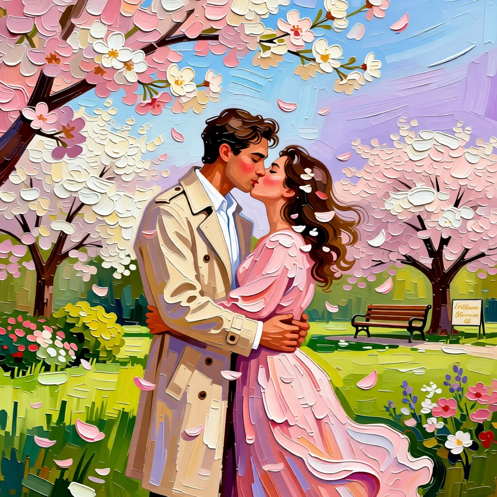 A couple kissing under a shower of cherry blossom petals in a spring park