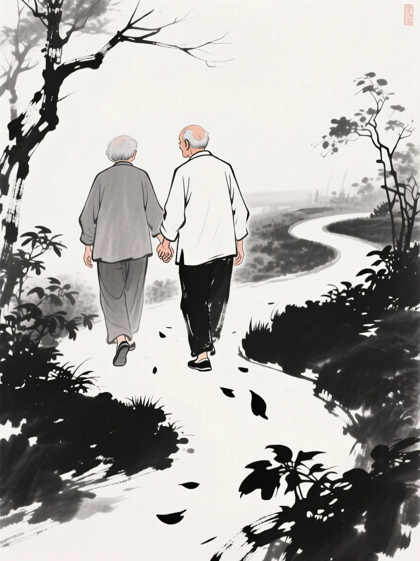 An elderly couple walks slowly along a garden path, hand in hand, with petals drifting gently down around them.
