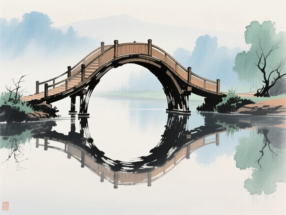 A graceful curved bridge reflected perfectly in still water, as morning mist begins to lift.