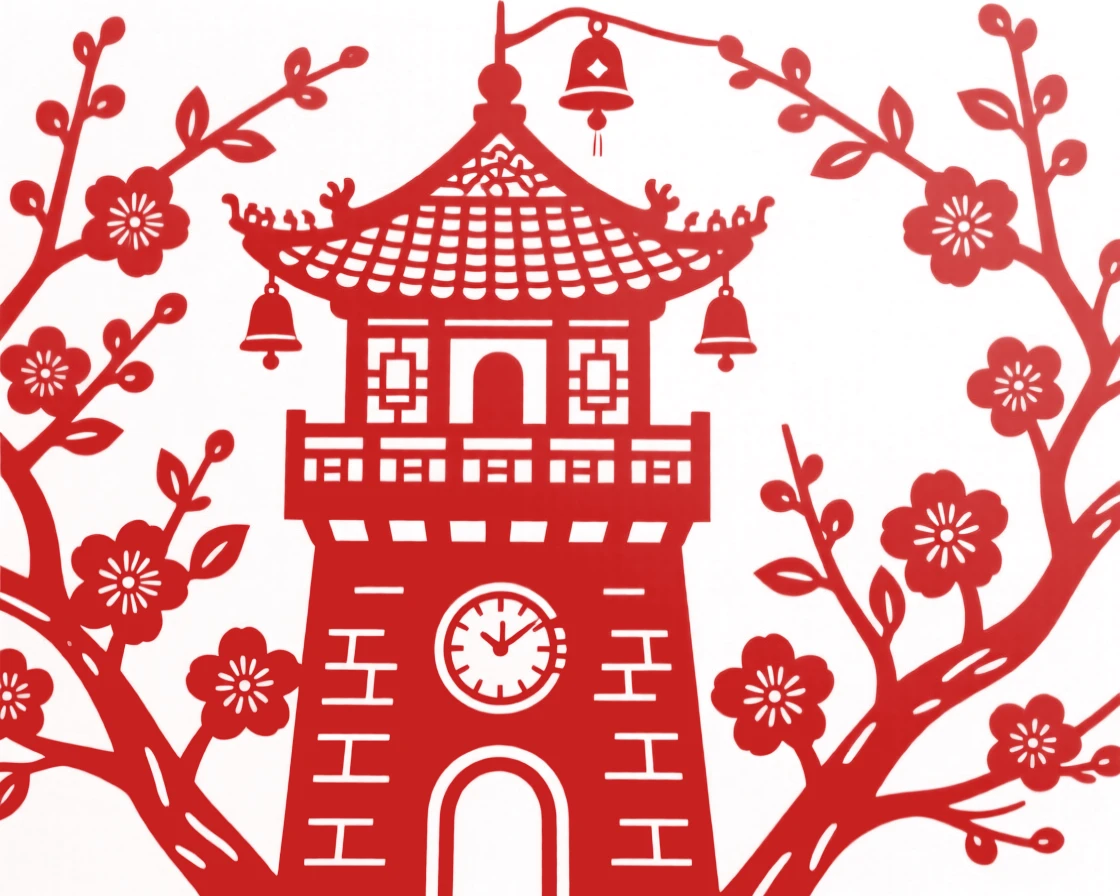 A watchtower, framed by blossoming trees in full spring bloom, its rooftop bells chiming softly in the breeze.