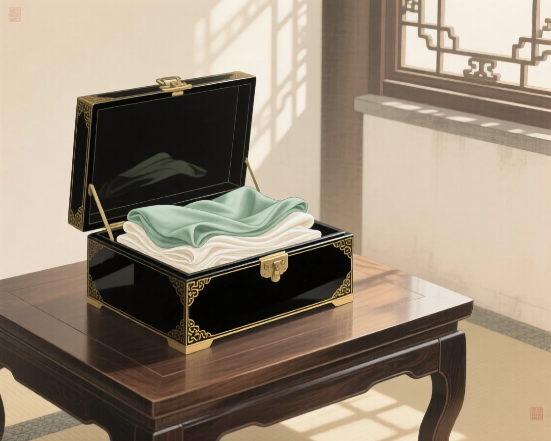 A lacquered box open to reveal folded silk fabric on a low table in a sunlit room