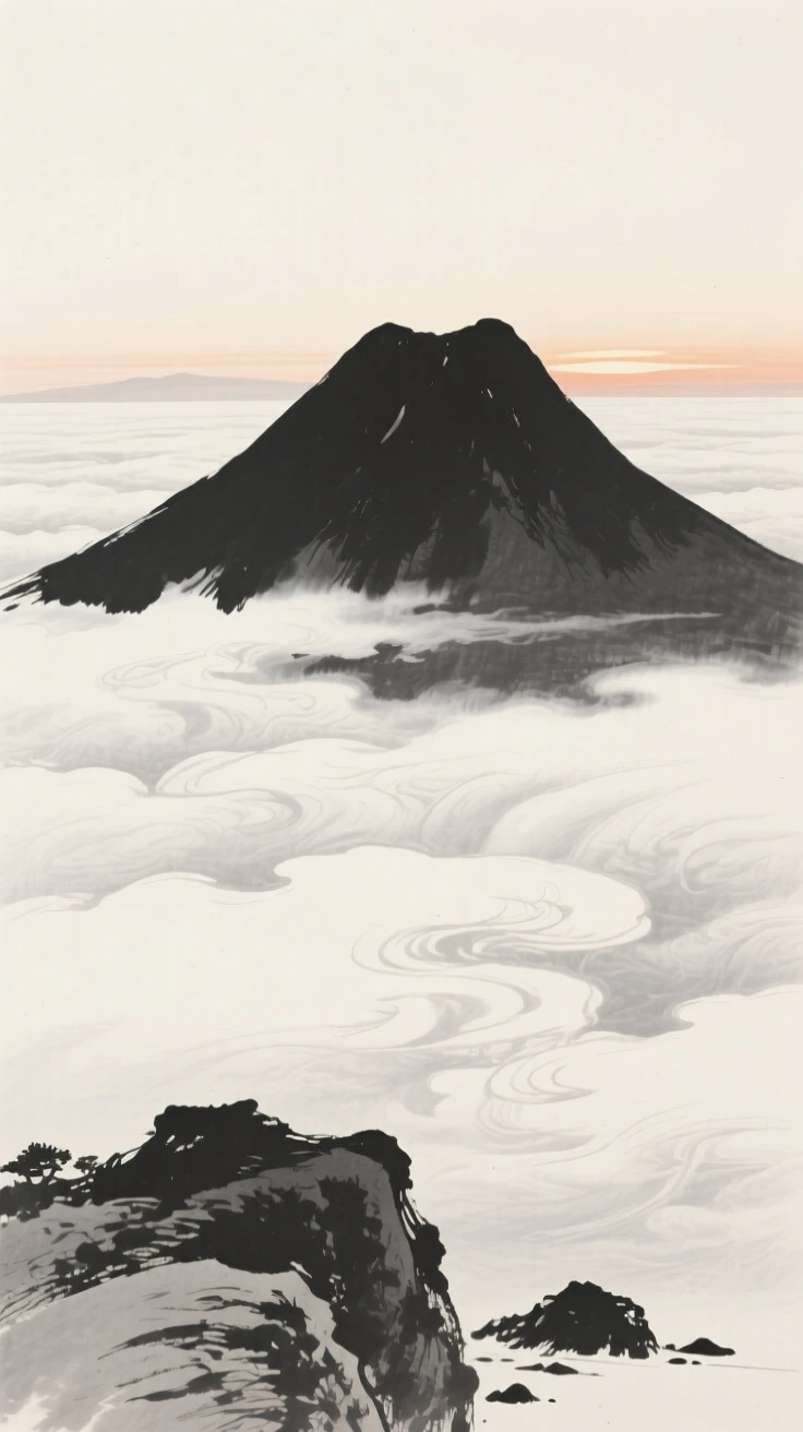 A solitary mountain peak piercing through a sea of clouds in the stillness just before sunrise, framed low, with the foreground rocks leading the eye toward the distance, conveying calm reflection and gentle isolation.