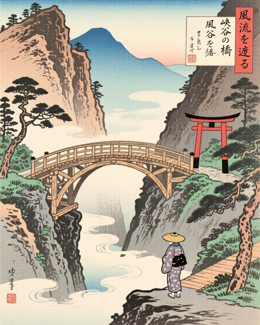 A wooden mountain gorge bridge spanning a deep gorge between peaks.