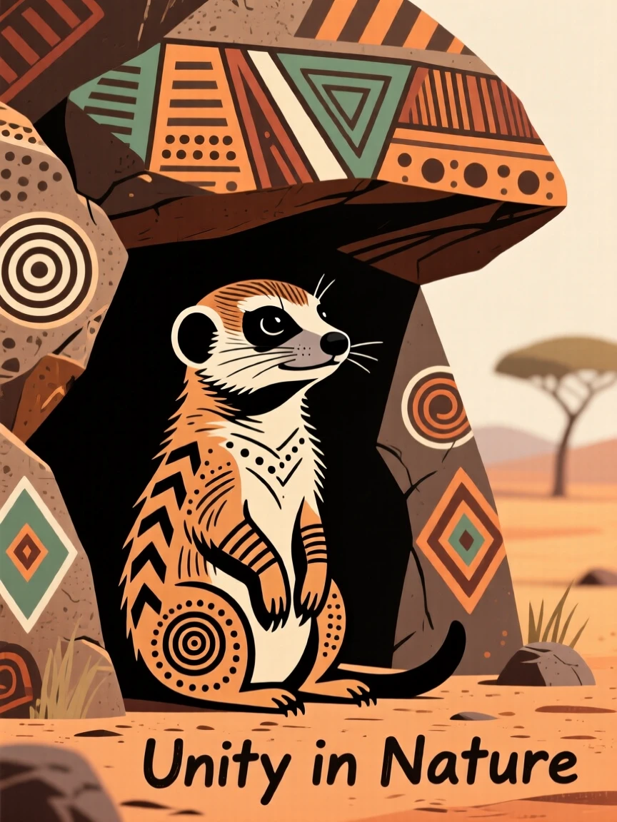 A meerkat sheltering under a rocky overhang.