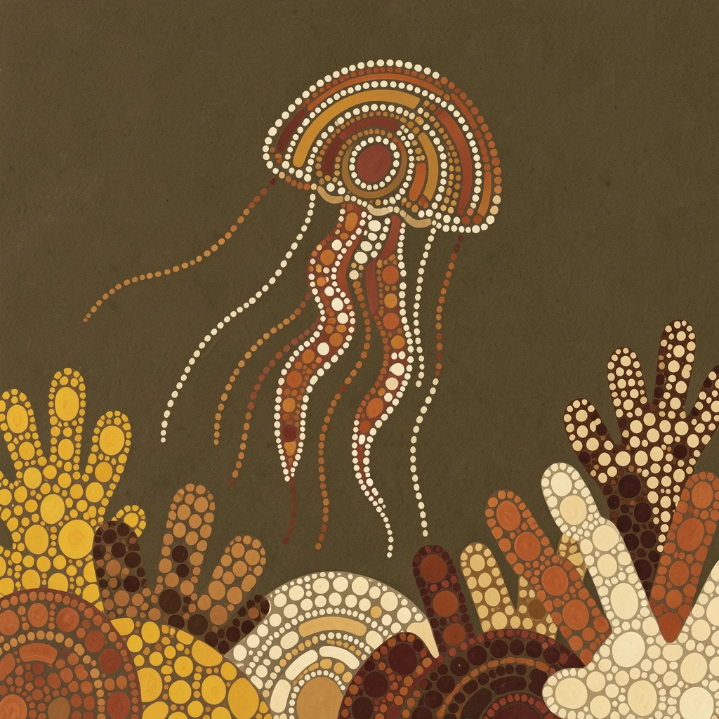 A jellyfish exploring a vibrant coral landscape