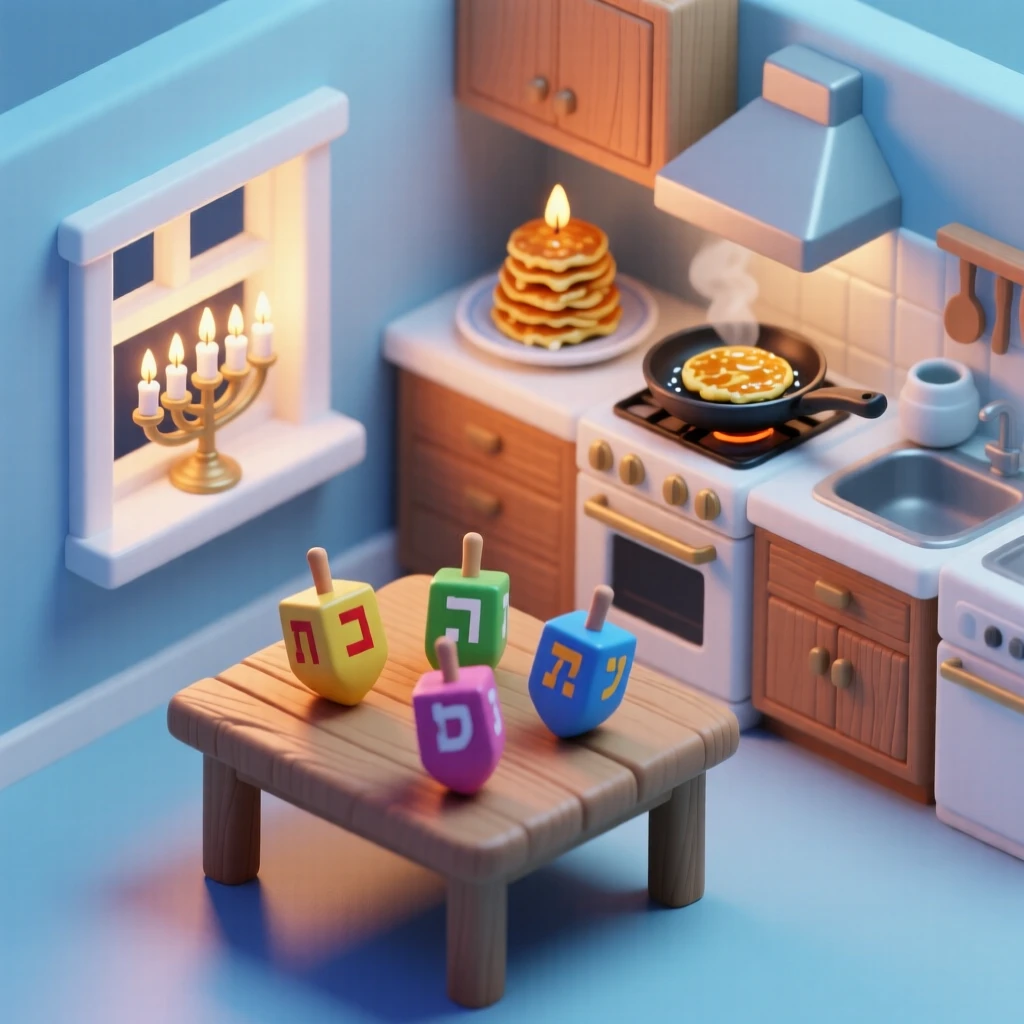 A Hanukkah celebration with a menorah glowing in a window, dreidels spinning on a table, and latkes frying in the kitchen.