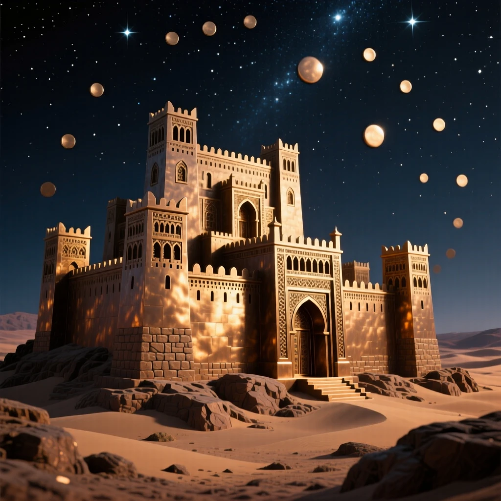 A majestic desert kasbah glowing under a starlit sky, captured with dramatic, sweeping perspective, exuding timeless grandeur