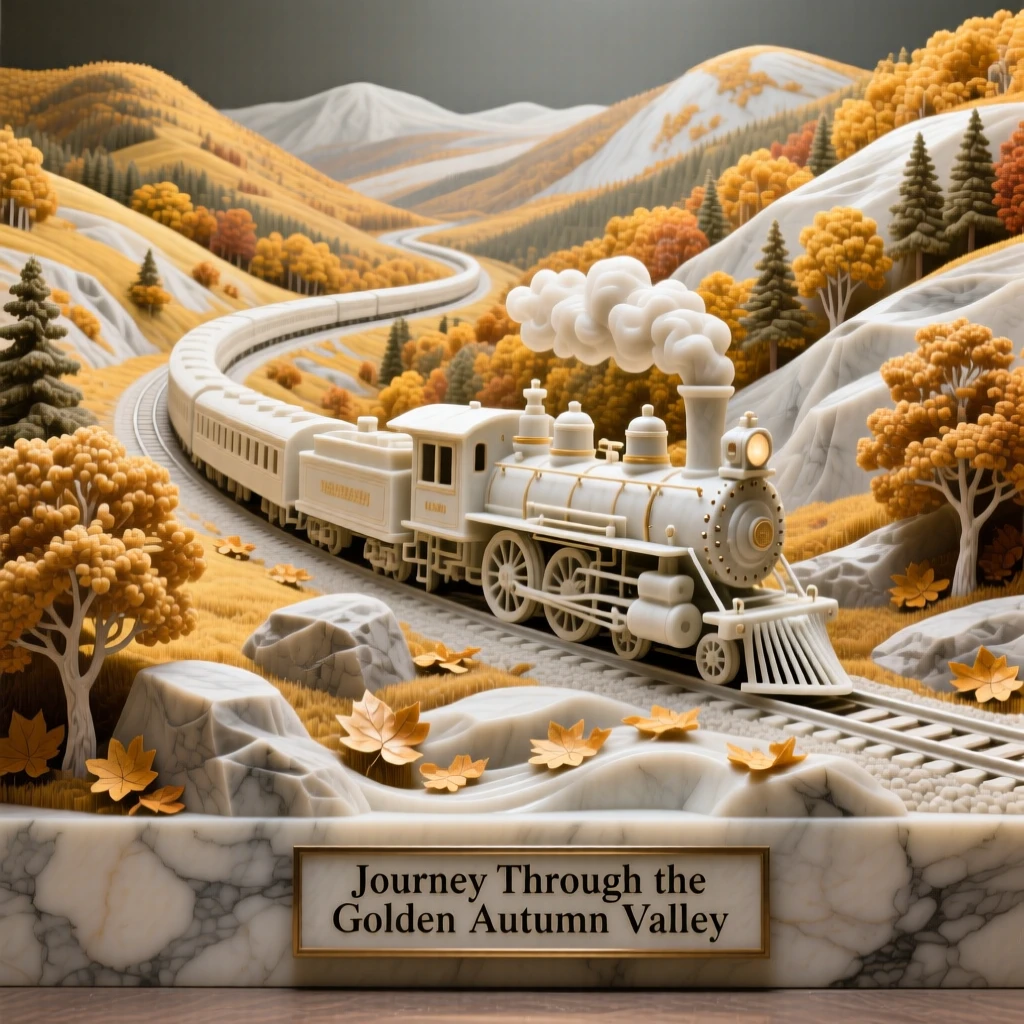 A beautifully composed image of a train winding through a golden autumn valley, captured with cinematic depth and detail, full of atmosphere and visual storytelling