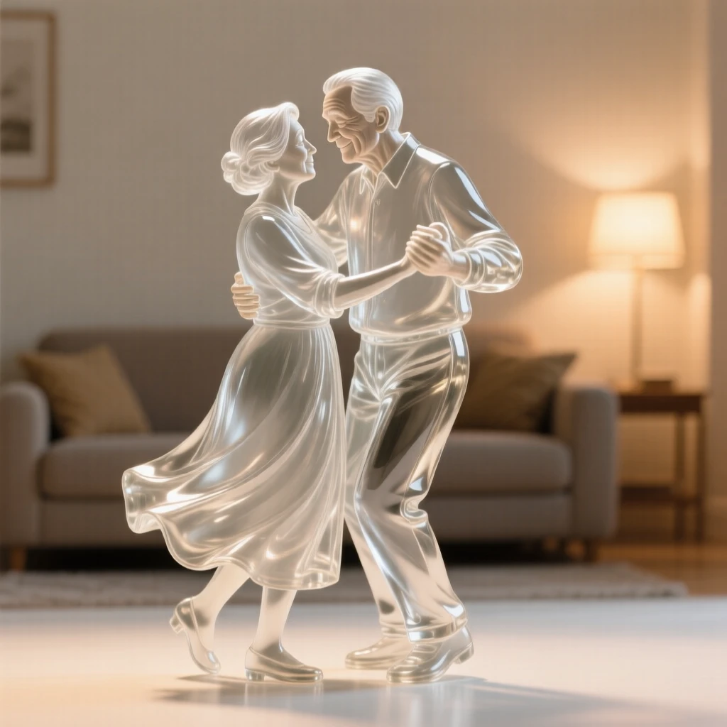 An elderly couple dancing slowly together in their living room, with warm light glowing softly in the background
