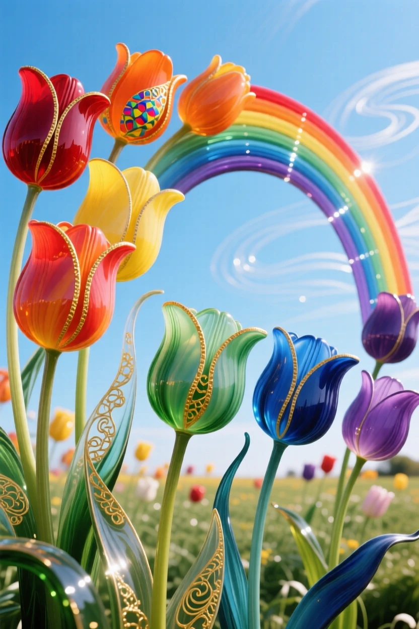 A field of blooming tulips arranged like a rainbow beneath a clear sky, cheerful and vivid.
