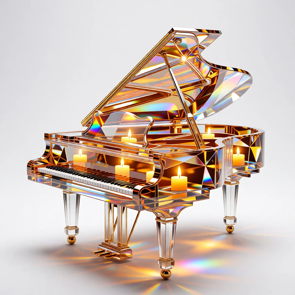 A grand piano with its lid open, reflecting warm candlelight in a dim room.