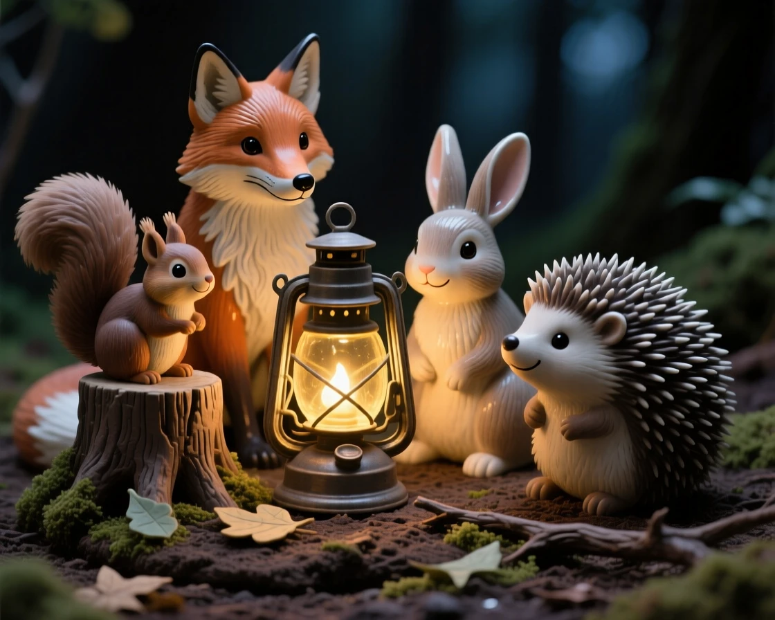 A group of forest animals gathered around a lantern captured in a charming, storybook moment, bathed in the soft glow of a magical evening, evoking childlike wonder and gentle humor.