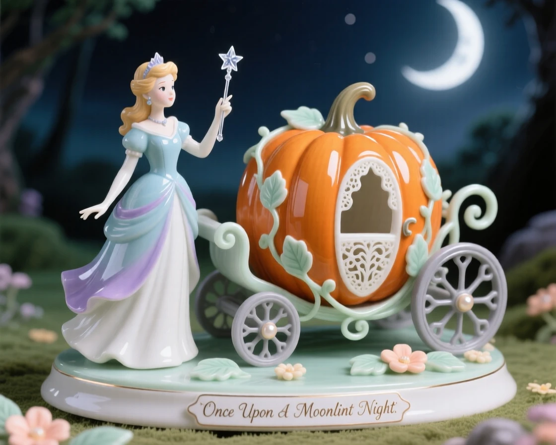 A whimsical scene of a glass-slipper princess waving a sparkling wand over a pumpkin carriage in a moonlit fairy glen.