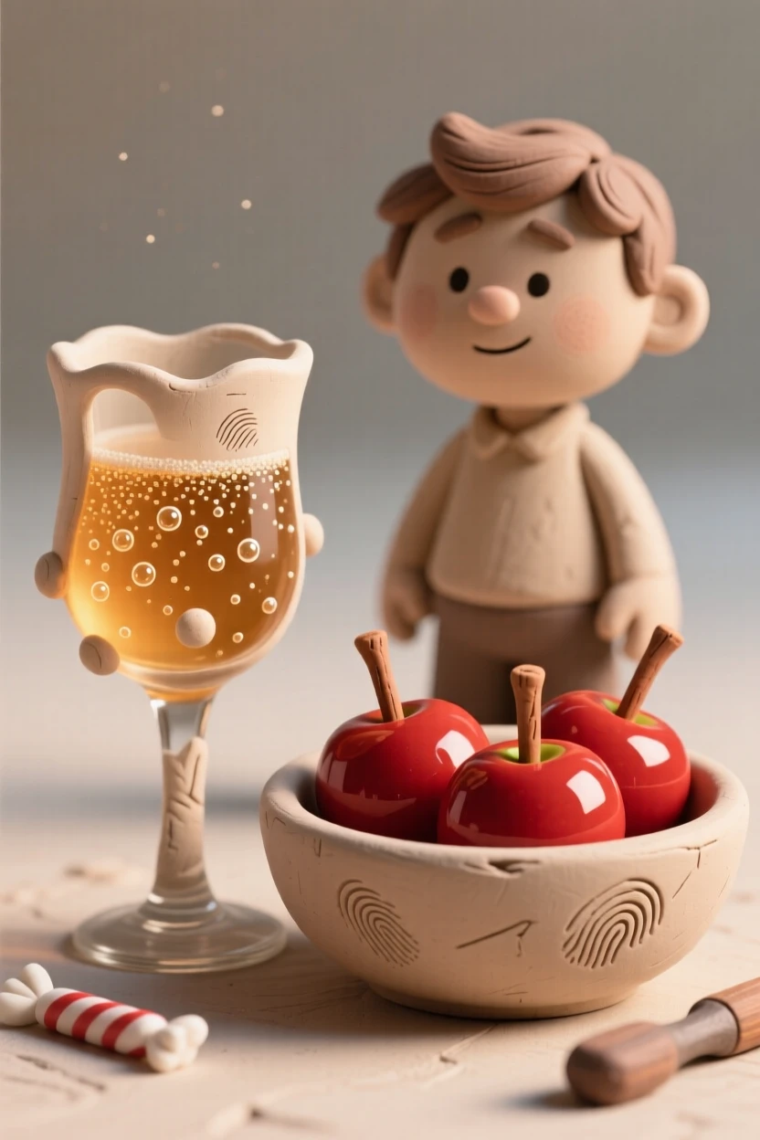 A glass of sparkling cider beside a bowl of candy apples