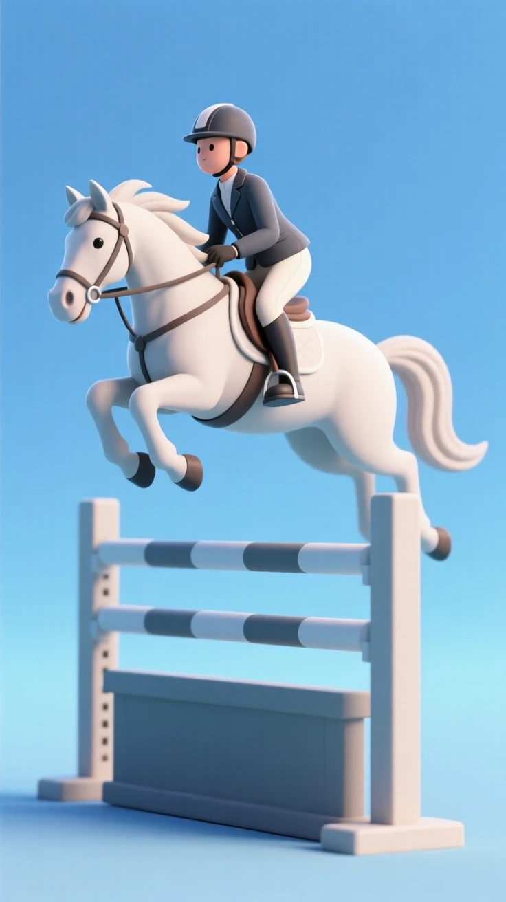 A graceful equestrian rider soars over a tall jump, horse's mane flying beneath a clear blue sky.