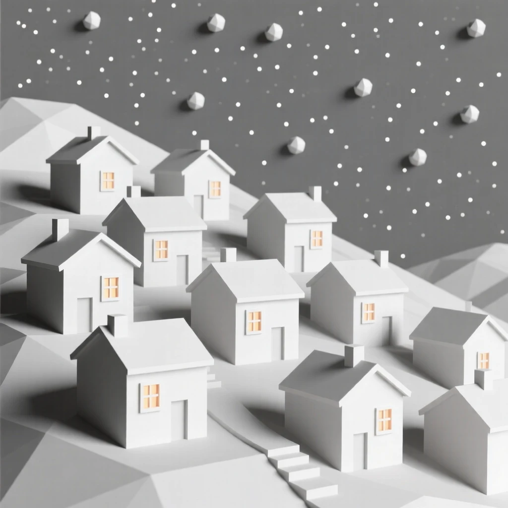 A hidden hillside village of whitewashed houses, beneath a sky full of stars. warm window lights add a cozy glow to the scene. A gentle, welcoming warmth fills the air.