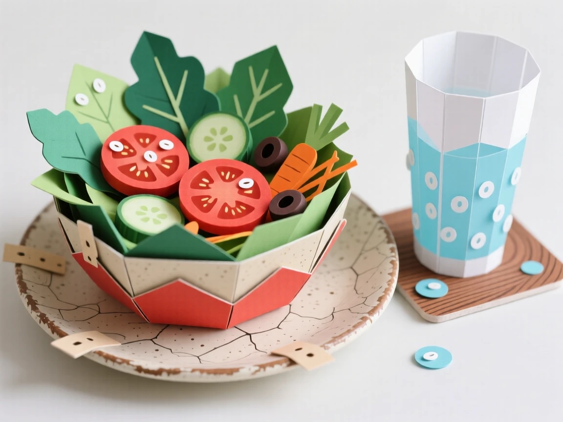 A vibrant bowl of fresh salad presented on a rustic ceramic plate, with condensation beading on a nearby glass, evoking comfort and rich flavor.