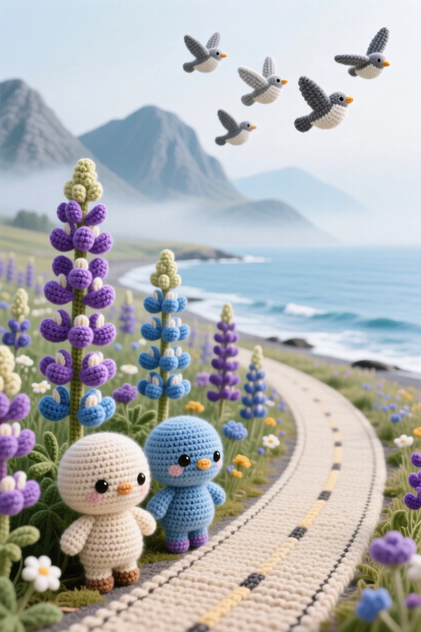 a field of wild lupines in bloom, stretching along a quiet coastal road, framed by distant misty mountains beside a peaceful stretch of open water; a small flock of birds passing overhead completes the scene, full of quiet wonder at the wild world.