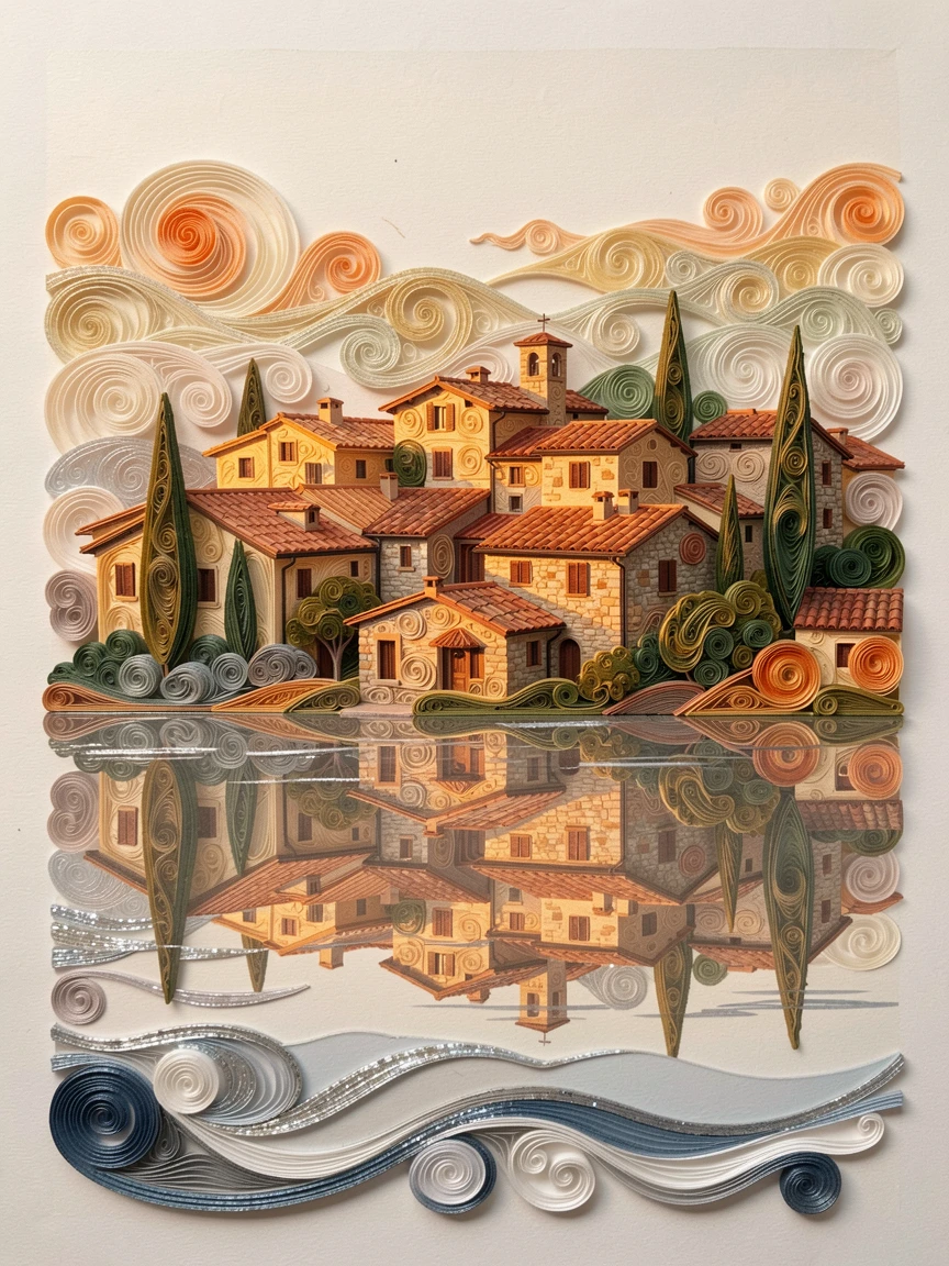 A breathtaking view of the rooftops of a Tuscan hill town at golden hour wrapped in gentle morning mist, with soft reflections shimmering on still water, shown reflected symmetrically in calm water below.