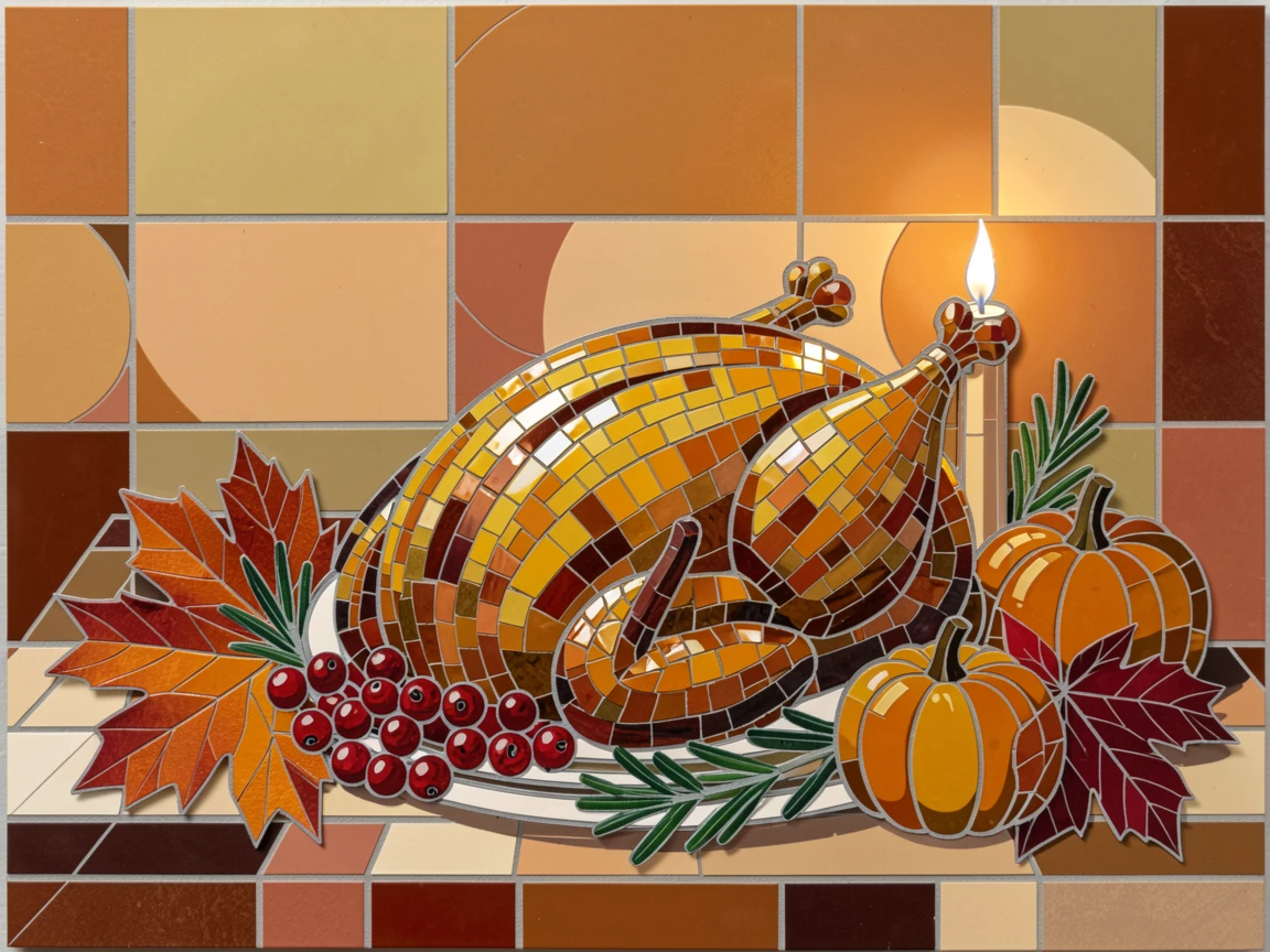 A Thanksgiving table set with a golden roasted turkey and autumn decor.