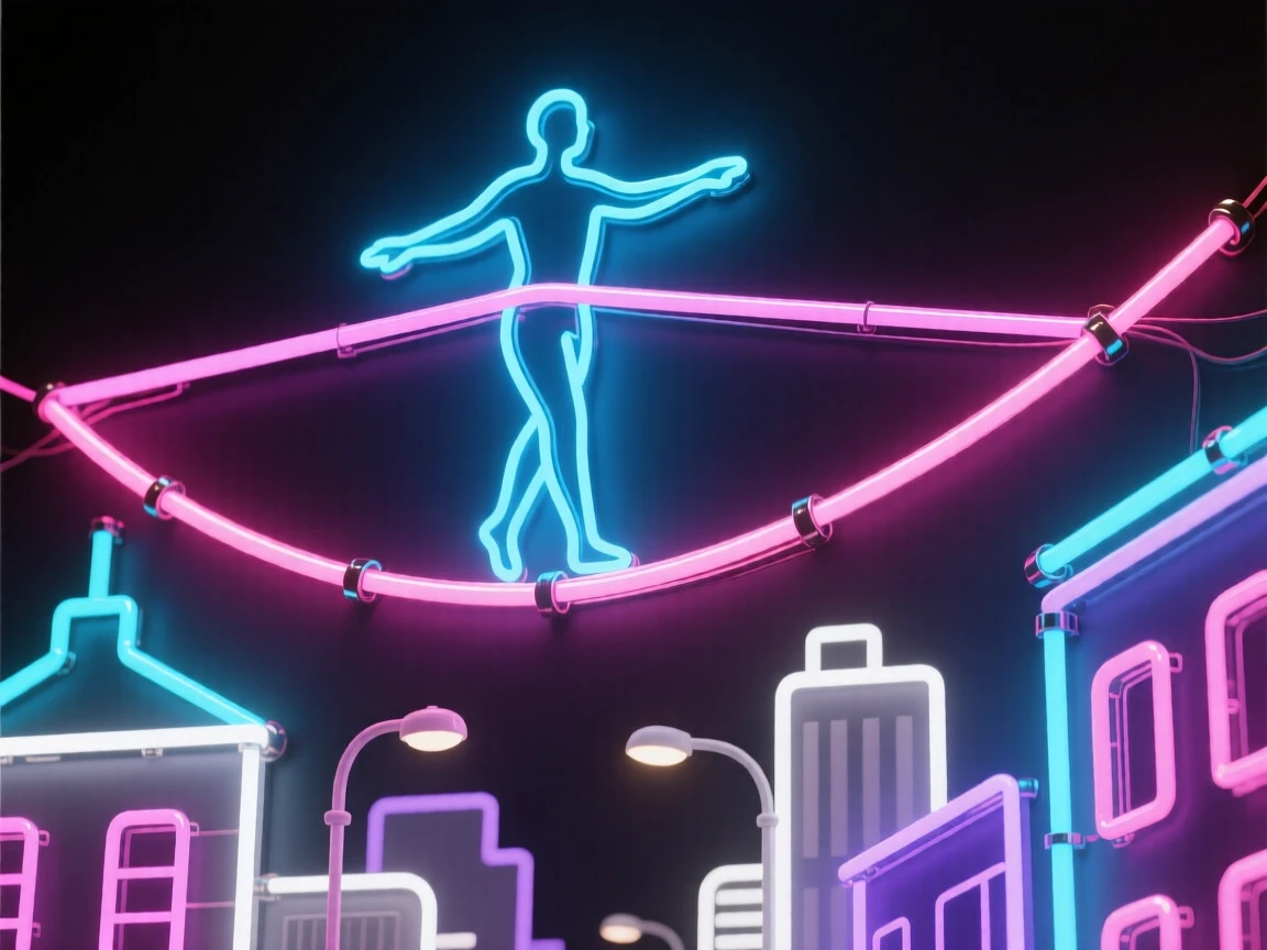 A tightrope walker balancing high above a city street.