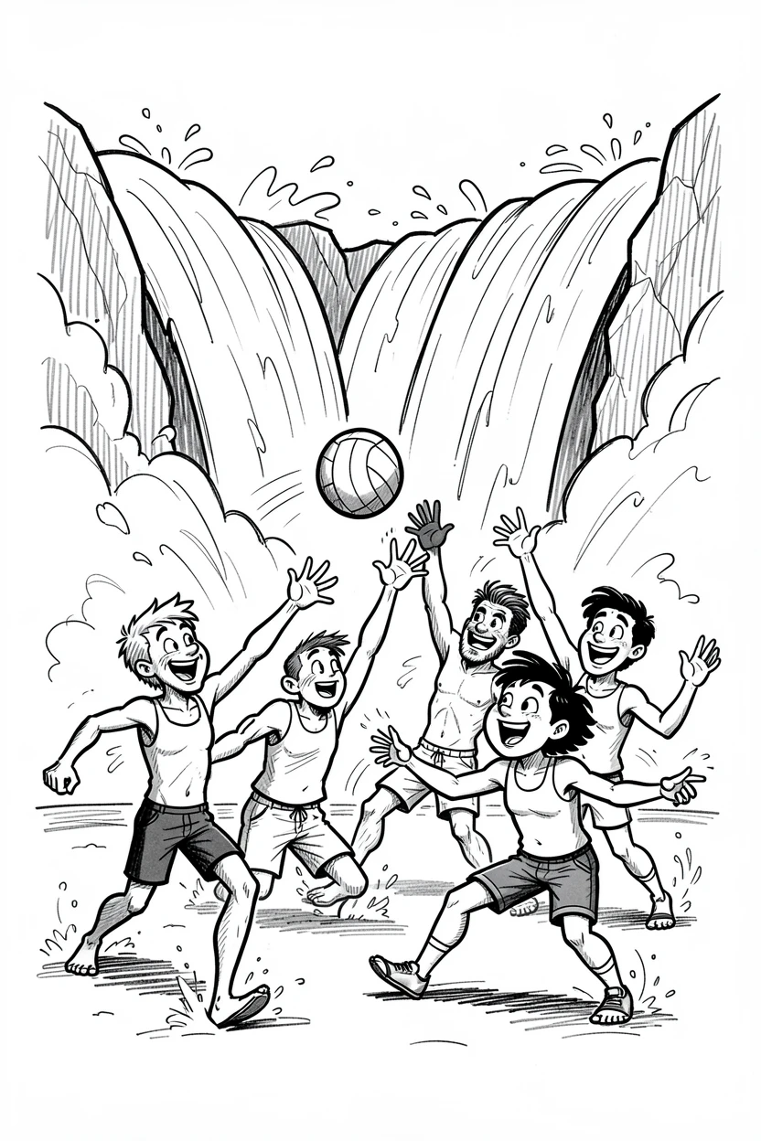 A group of friends playing beach volleyball beside a rushing waterfall.