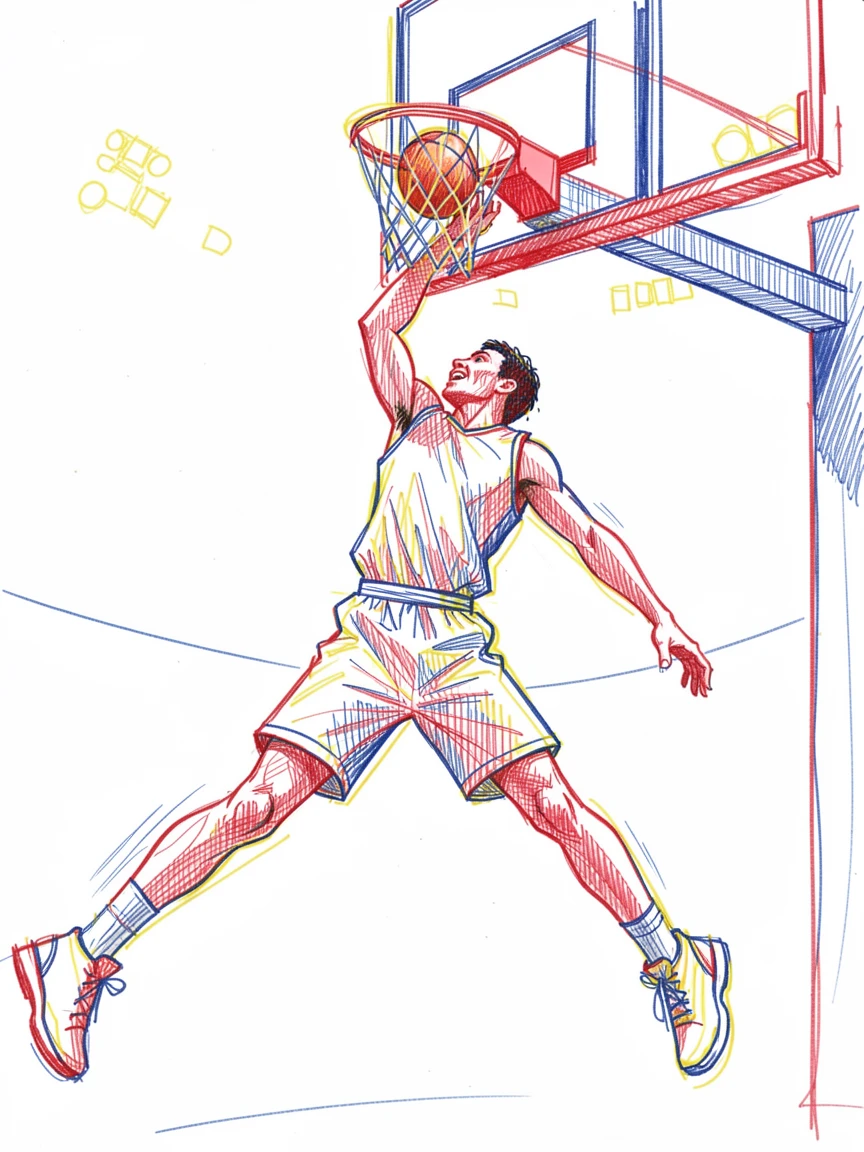 A basketball player leaping for a dramatic slam dunk under stadium lights