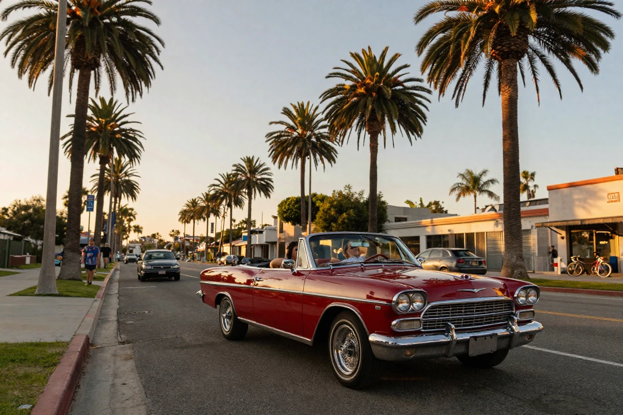 A vintage car rolls down a palm-lined boulevard with its top down at golden hour.