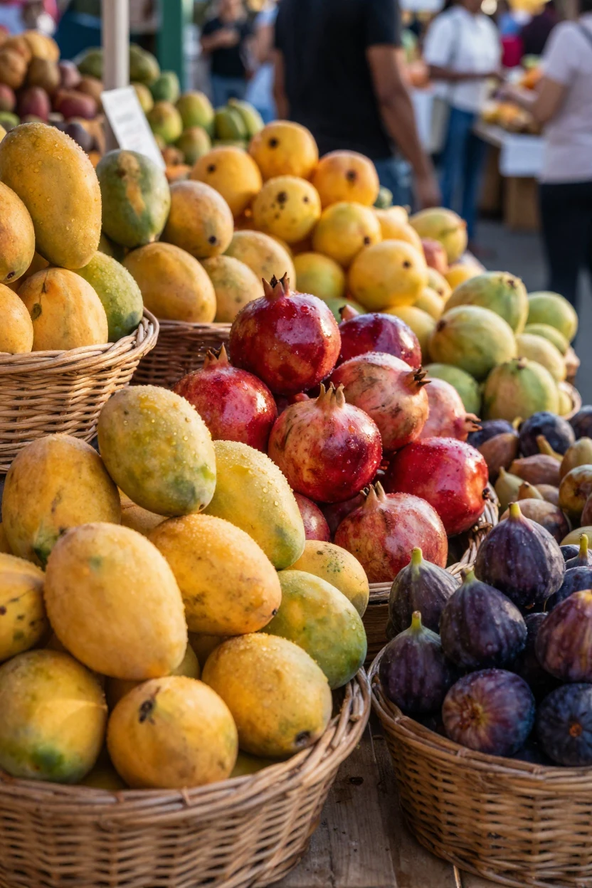 A vibrant fruit market stall overflowing with mangoes, pomegranates, and figs