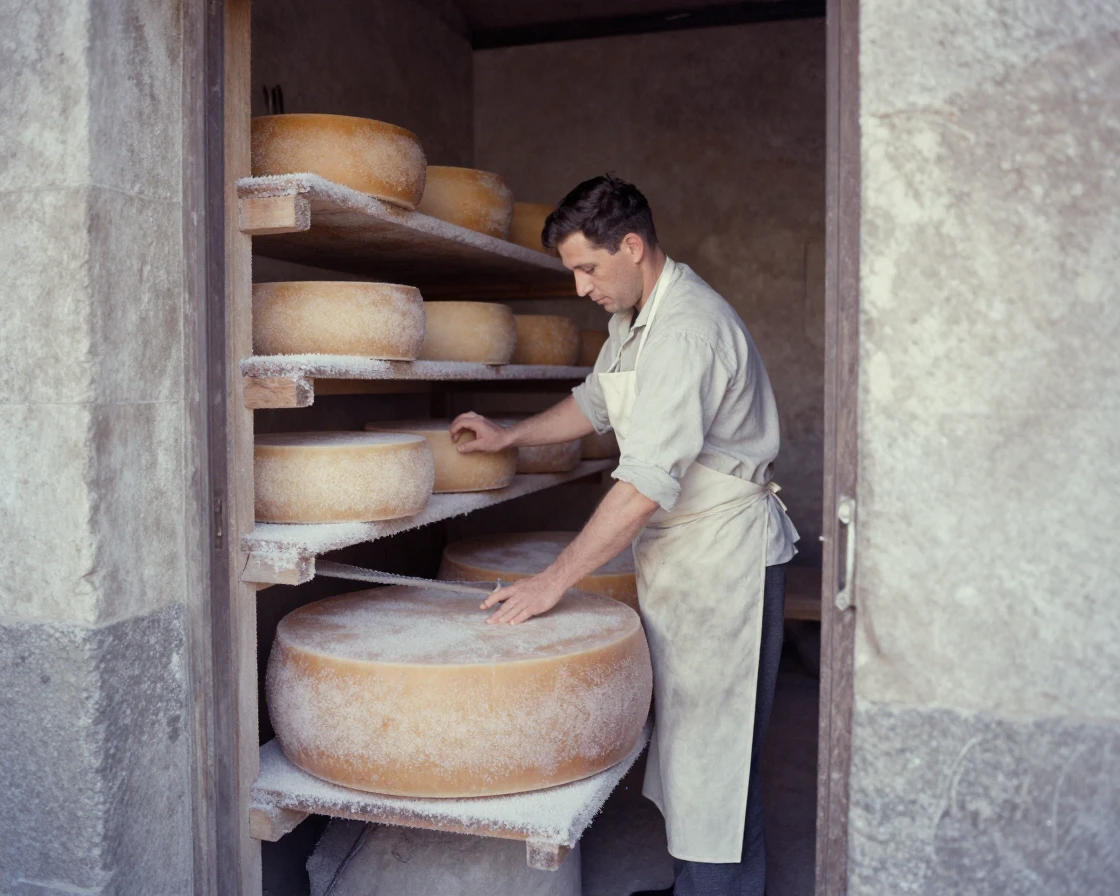 A traditional cheesemaker turning wheels of aging cheese in a cellar, in gentle diffused daylight, with frost coating every surface, in the mild days of early autumn, in soft muted pastels, framed through an open doorway.