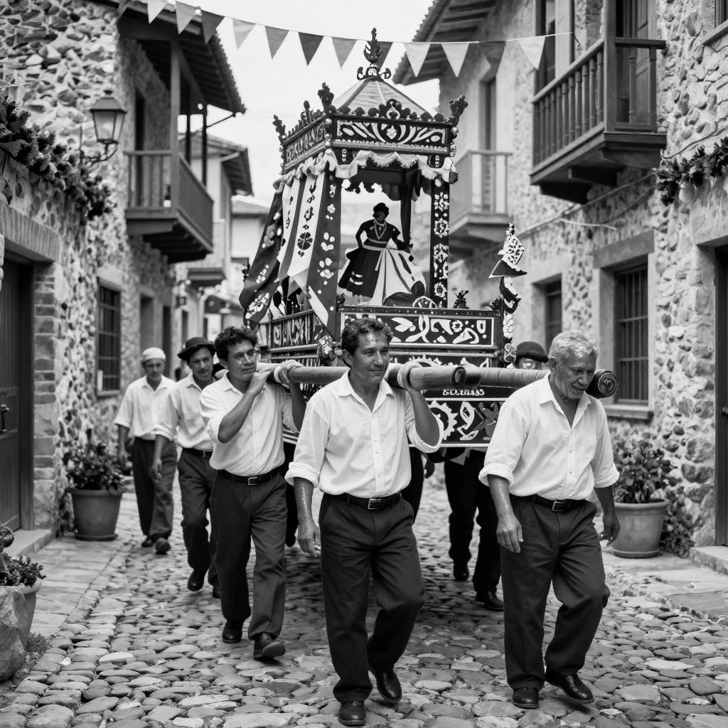 Villagers carrying a festival float carry it through narrow lanes through a decorated old town.