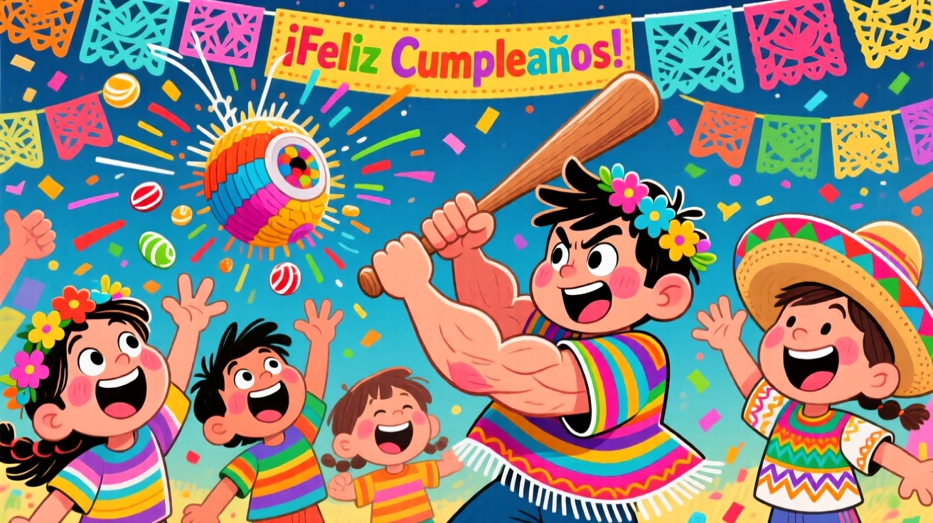A group of children breaking a piñata at a lively Mexican birthday fiesta.