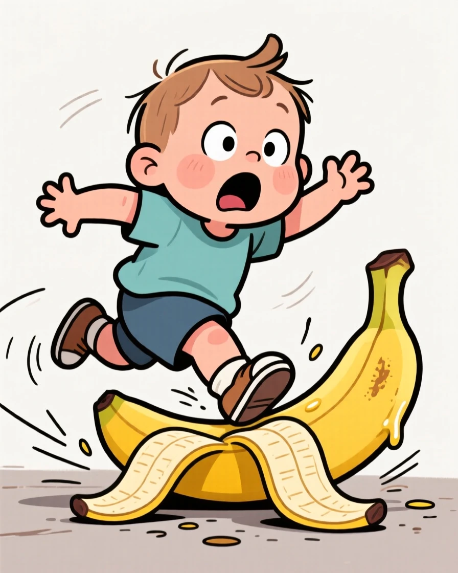 A funny expressive moment showing a toddler slipping comically on a banana peel mid-stride, with arms flailing for balance.