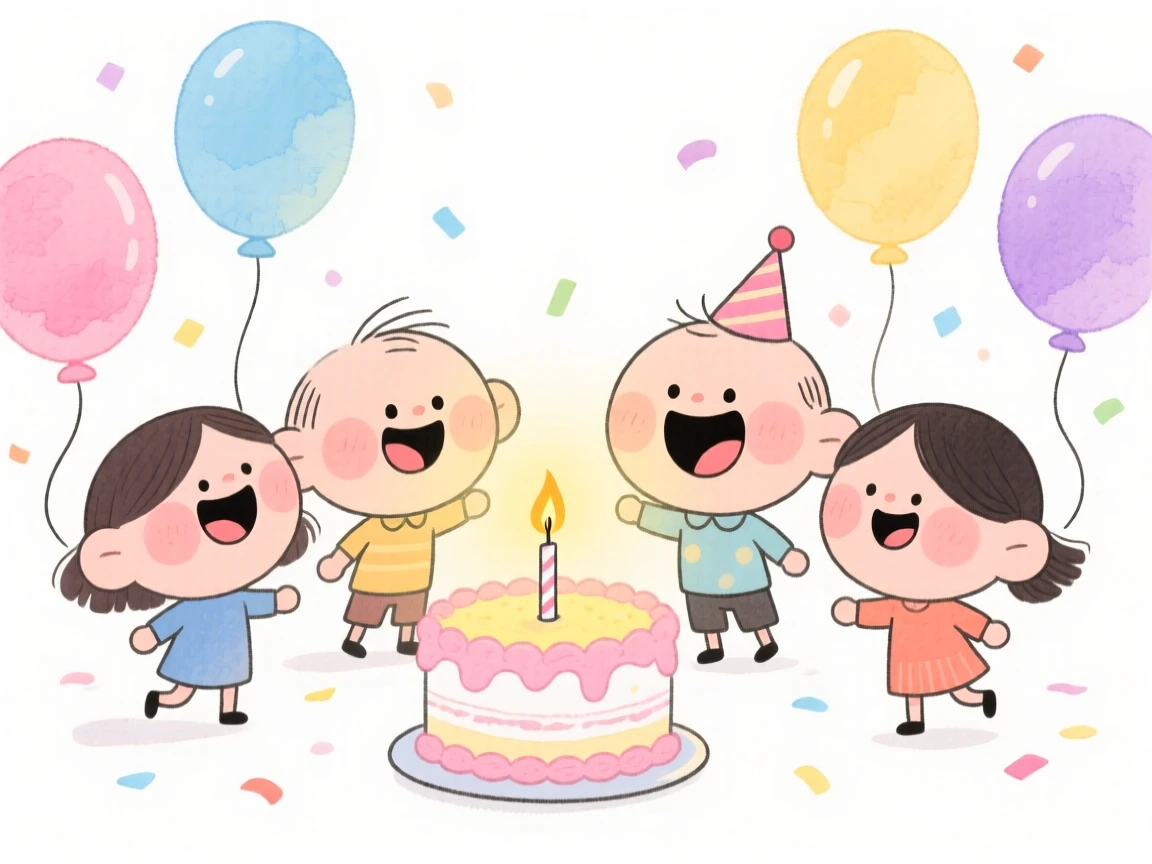 A joyful celebration scene of a birthday party with balloons, confetti, and a candle-lit cake, radiating cozy holiday cheer
