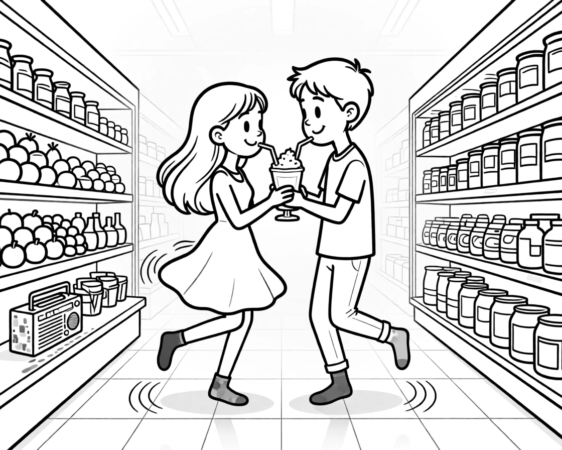 A couple sharing one milkshake with two straws, spinning slowly in socked feet across the tile, set in a bright, busy supermarket aisle. A paint-stained radio plays faintly in the background. The image glows with easy, unforced affection.