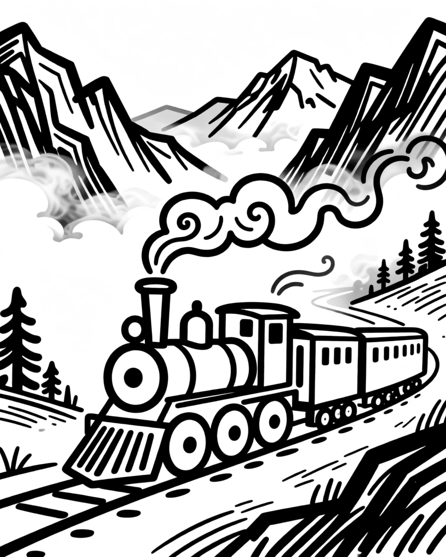 A vintage steam train chugging through a misty mountain valley.