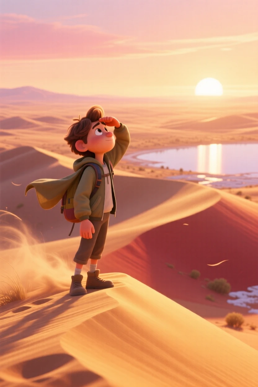 A solo hiker pausing to rest stands along a desert dune ridge at golden hour, letting the wind catch their jacket. The scene feels vast, calm, and full of possibility, with the scent of salt air carried on the wind.