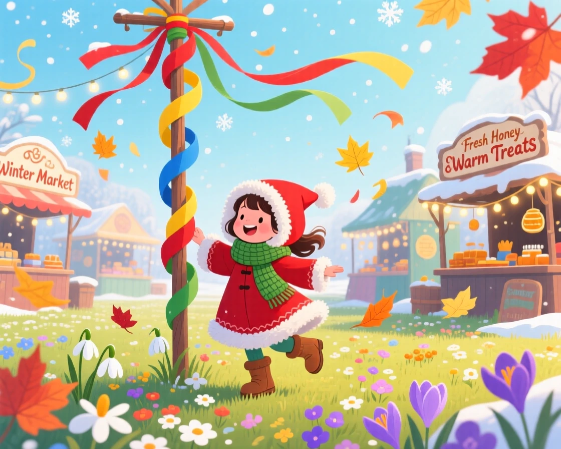 In a sparkling winter market, a little girl in a costume celebrate together by dancing around a maypole in a flower-filled meadow, as colorful leaves swirl through the air.