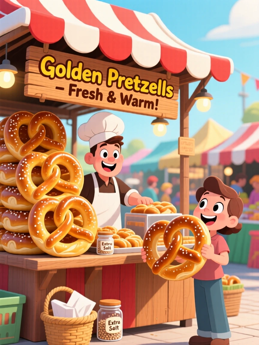 A market stall stacked high with golden fresh-baked pretzels.