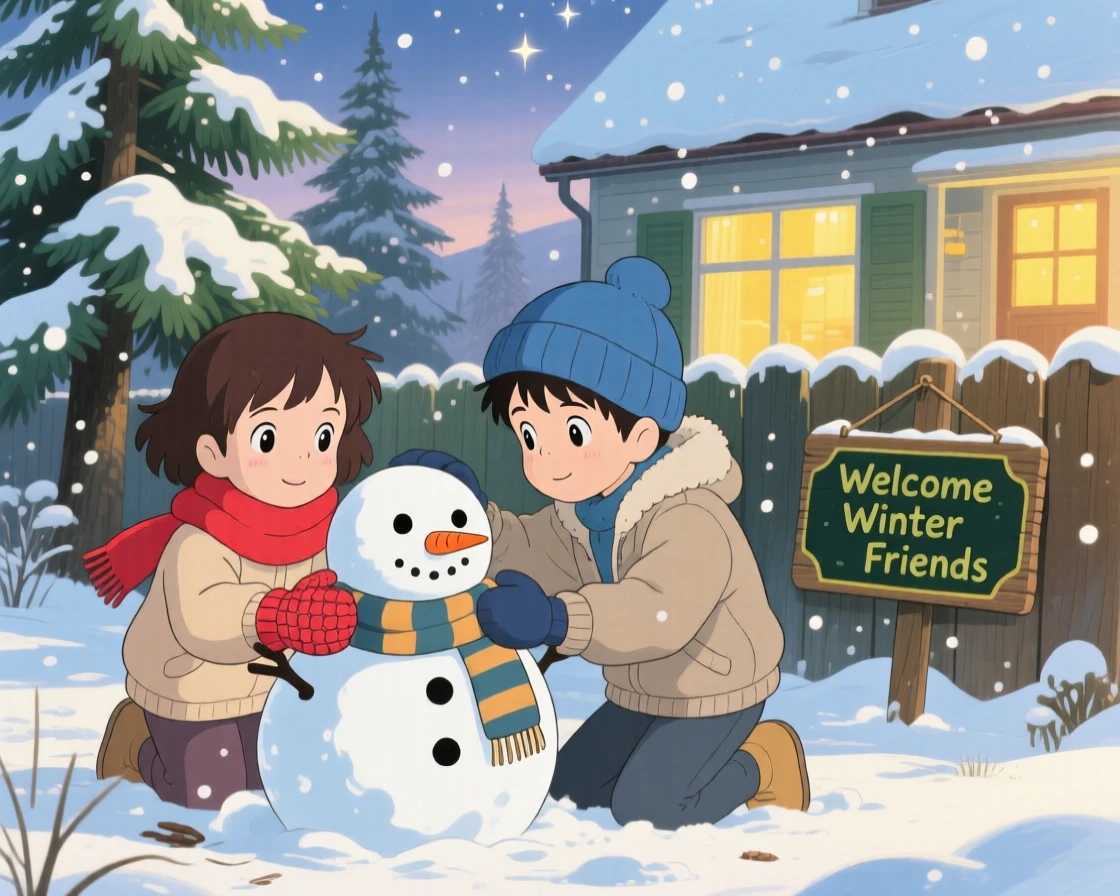 Siblings building a snowman together in the front yard, the scene quietly joyful.