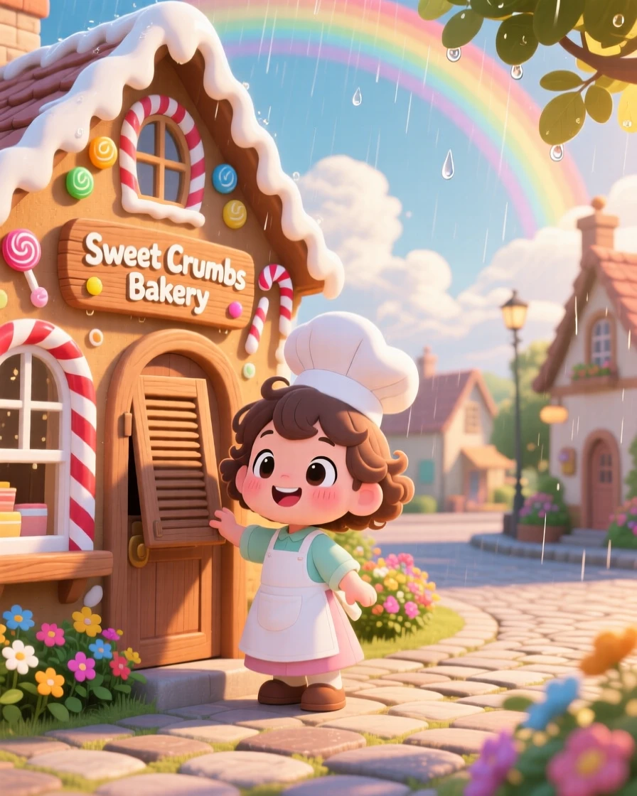 Medium shot: a little baker, opening the shutters of a gingerbread-shaped shop, set against a cozy storybook village square under a rainbow after the rain, with rays of sunrise breaking through clouds and a mood of delighted joy.
