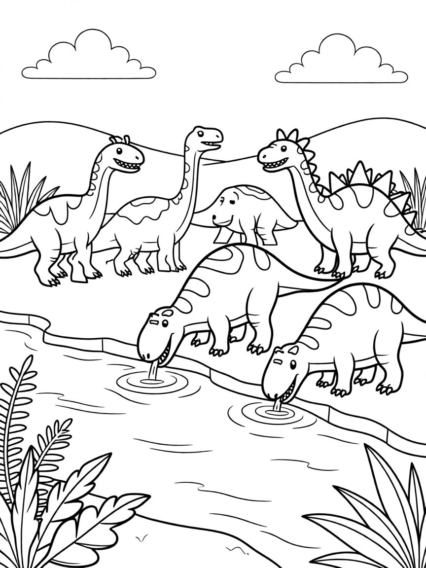 A pack of dinosaurs drinking from a calm prehistoric river
