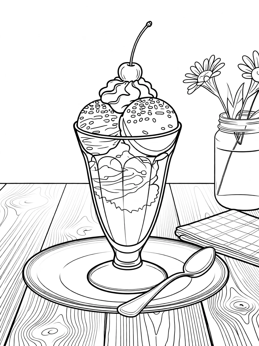 An ice cream sundae topped with sprinkles and a cherry, arranged on a rustic wooden table.